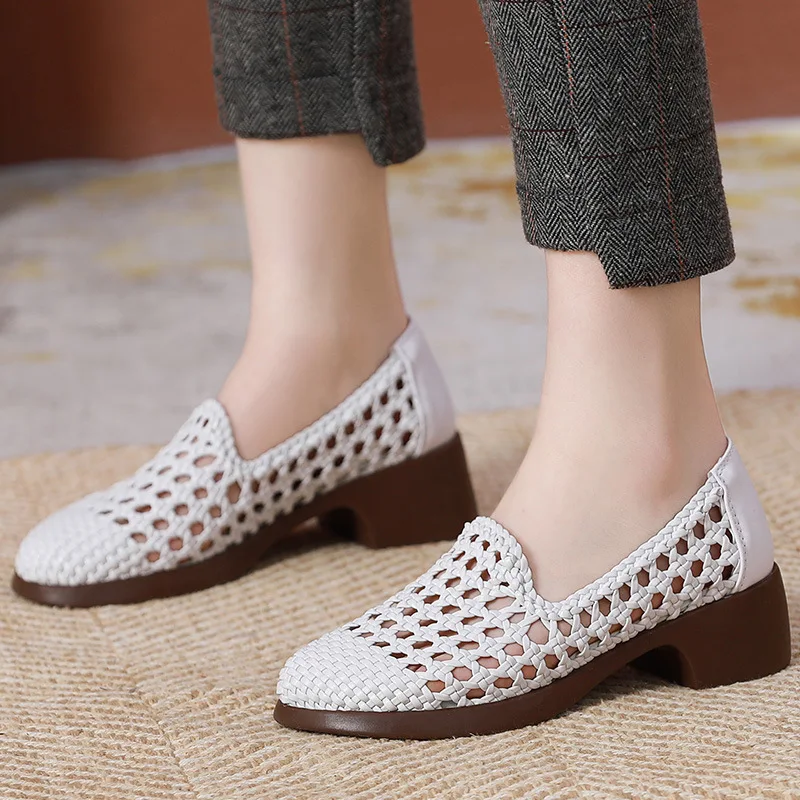 2024 Summer Hollow Woven Breathable Shoes Women Sandals Big Size Thick Heels Genuine Leather Shoes Summer Casual Sandals