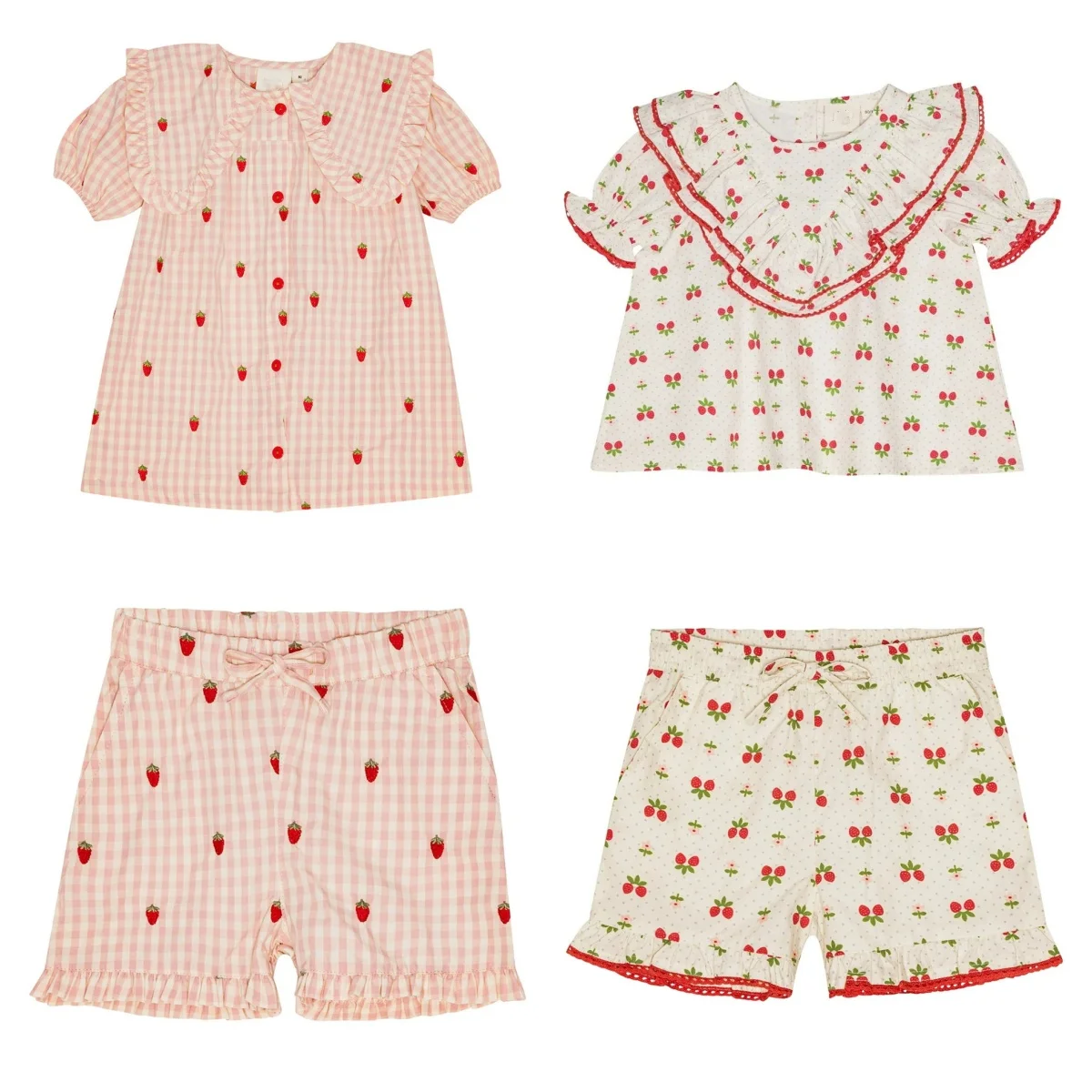 Summer Floess Baby Girls Strawberry Cotton Dress Children's Clothing Girls Plaid Short Sleeve T Shirts Shorts Kids Suits