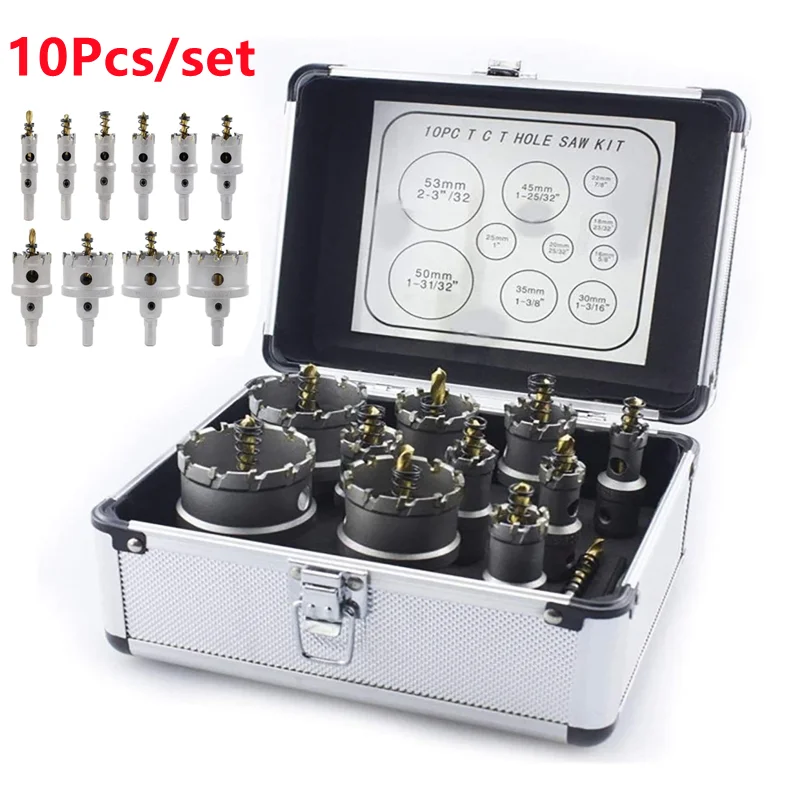 

10Pcs/set 16-53mm Alloy Hole Opener Aluminum Case Carbide Titanium Plated Center Drill Hole Opener Saw Cutter With Box