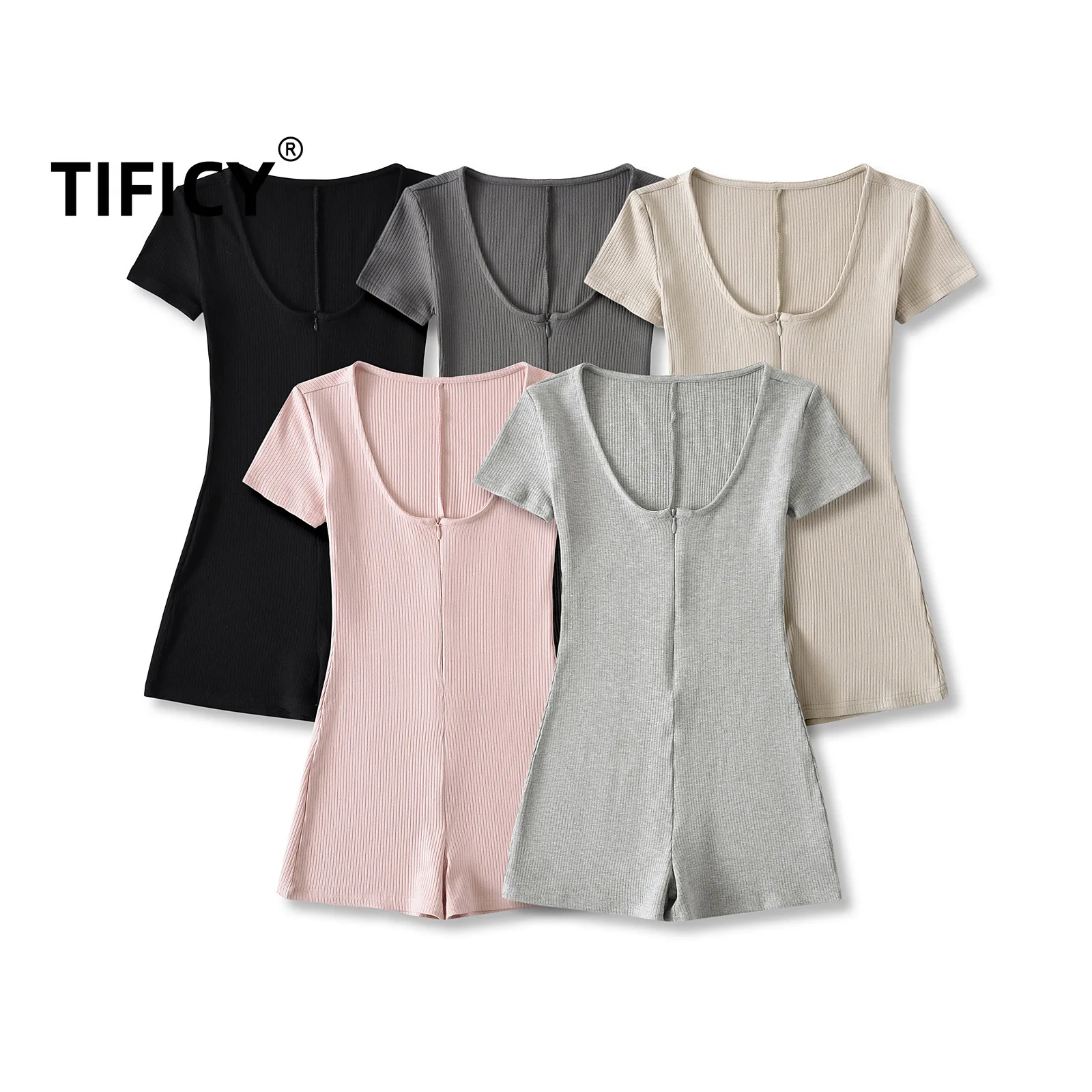 Sexy Hot Girl Short Sleeved Jumpsuit and Romper Women's New Style To Show Off Figure Yoga Fitness V-neck Zipper Leggings Shorts