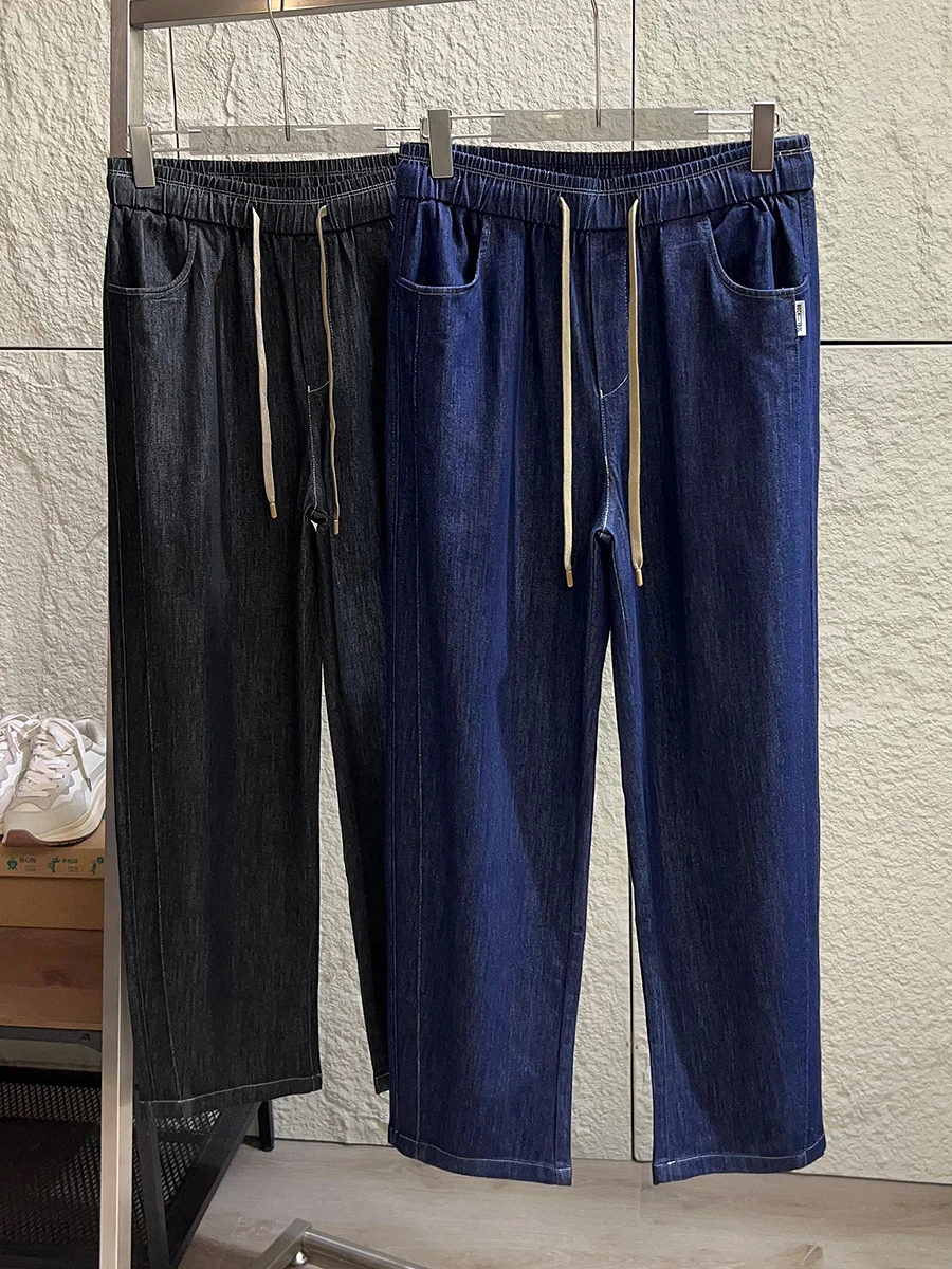 

Comfortable Breathable Men's Casual Pants Line Lacey Acetate Blend Elastic Waist Loose Straight Leg Spring Summer