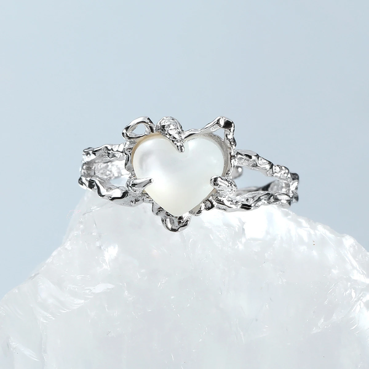 F.I.N.S الملمس على شكل قلب S925 فضة خاتم الحد الأدنى نمط غير النظامية الحب القلب مفتوحة قابل للتعديل فنجر غرامة مجوهرات #2