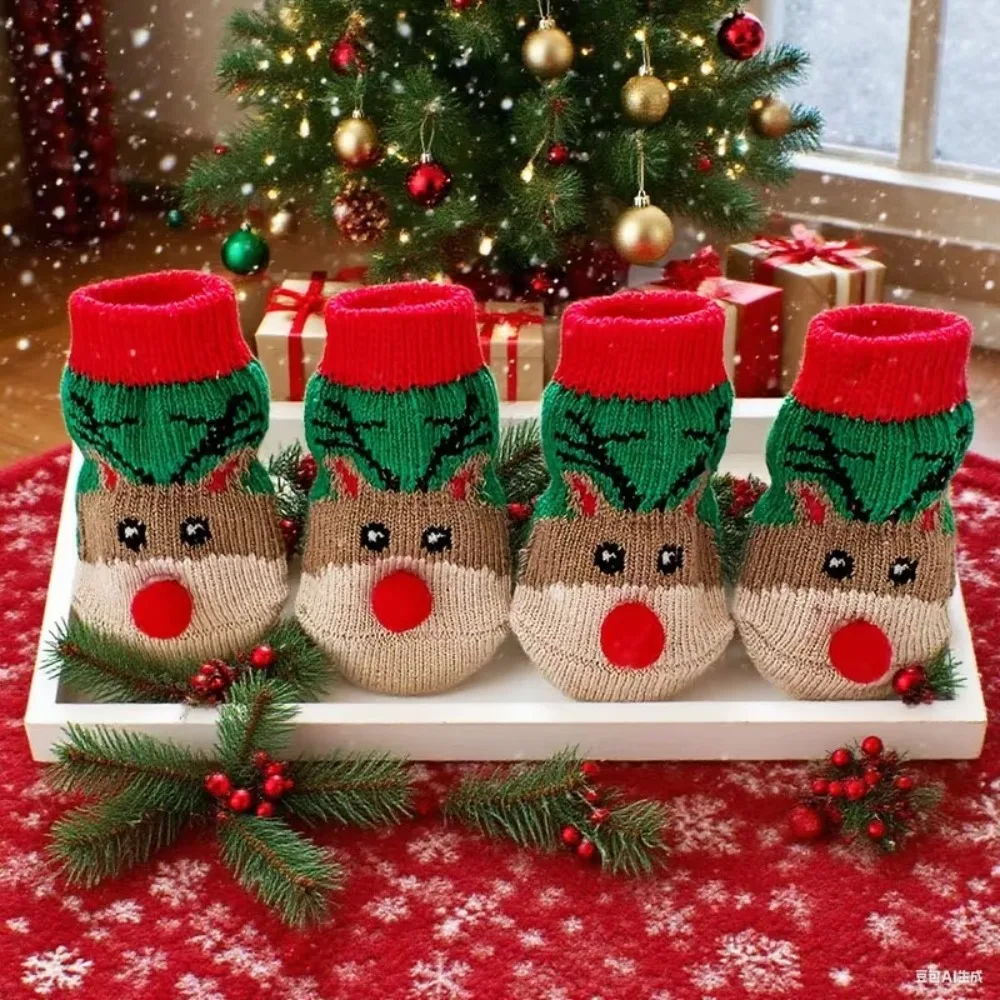 3D Red Nose Christmas Reindeer Dog Socks Elastic Non-Slip Outdoor Dog Feet Cover Cartoon Breathable Pet Dog Paw Sock