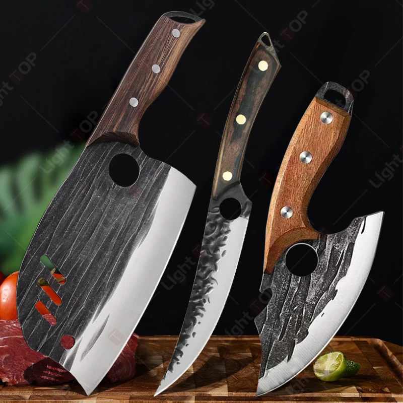 Hammered Forged Chef's Knife Fish Slicing Knife Stainless Steel Meat Cleaver Kitchen Tools Boning Knife Fruit Peeler BBQ Machete