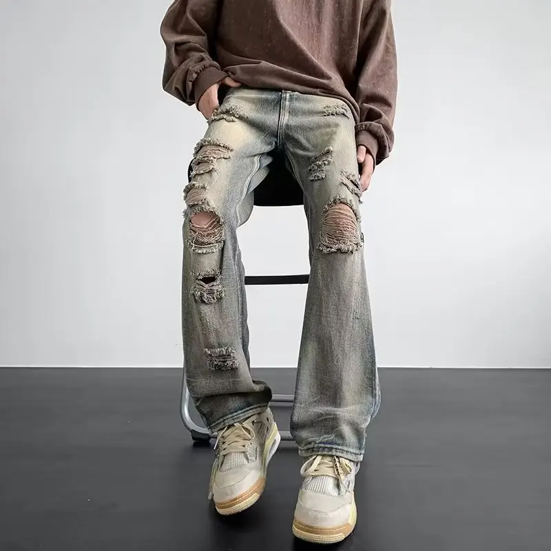 

Мужские весенне-осенние потертые рваные джинсы High Street, старые свободные маленькие ноги, ретро-трендовые широкие эластичные брюки-жебраки