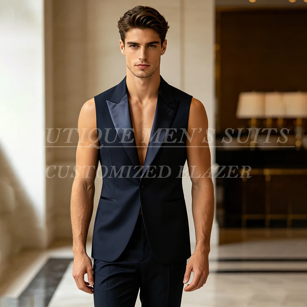 

Navy Blue Men's Sleeveless Suits Fashion Summer Satin Peak Lapel Blazer Customized High Quality 2 Piece Jacket Pants Sets