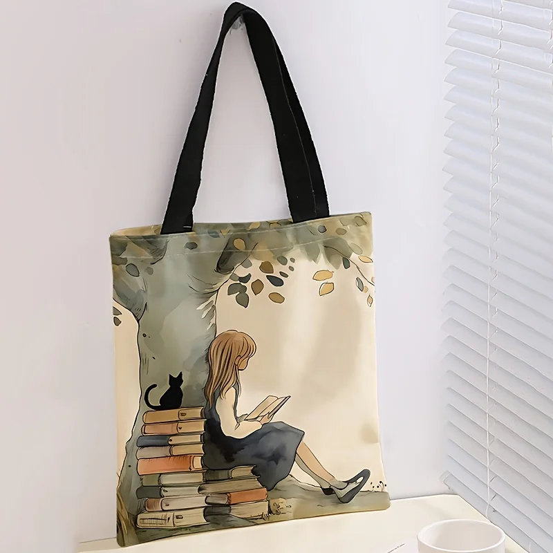 Cartoon Reading Under Tree Print Handtasche, Polyester Schulter-Einkaufstasche, modische multifunktionale wiederverwendbare Handtasche