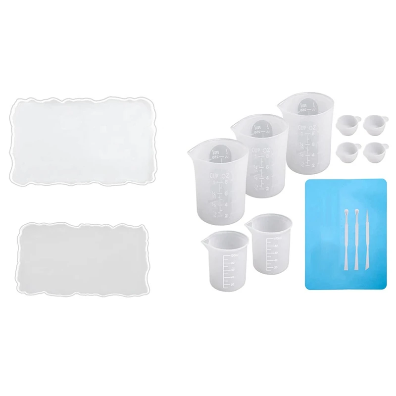 

1 Set Silicone Measuring Cups And Tools Set & 2Pcs Large Resin Coaster Molds Tray Mould Diy Silicone Tray For Fruit Cup