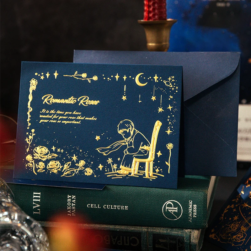 The Little Prince And Rose Embossed Greeting Card Envelope Set Aesthetic Romantic Birthday Blessing Greeting Card Stationery