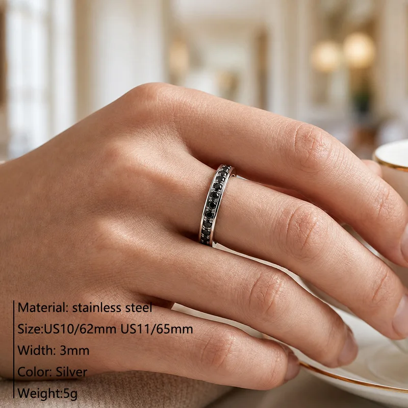 Gothic Cross Band Ring Stainless Steel Full Circle Black Zircon Inlaid Ring Party Jewelry Gift