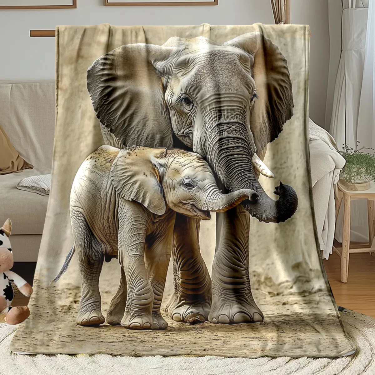 Warm Tone Mother Baby Elephant Realistic Print Flannel Throw Blanket,Soft Warm Sofa Cover,Animal Gift For Bedroom Daily Rest Use