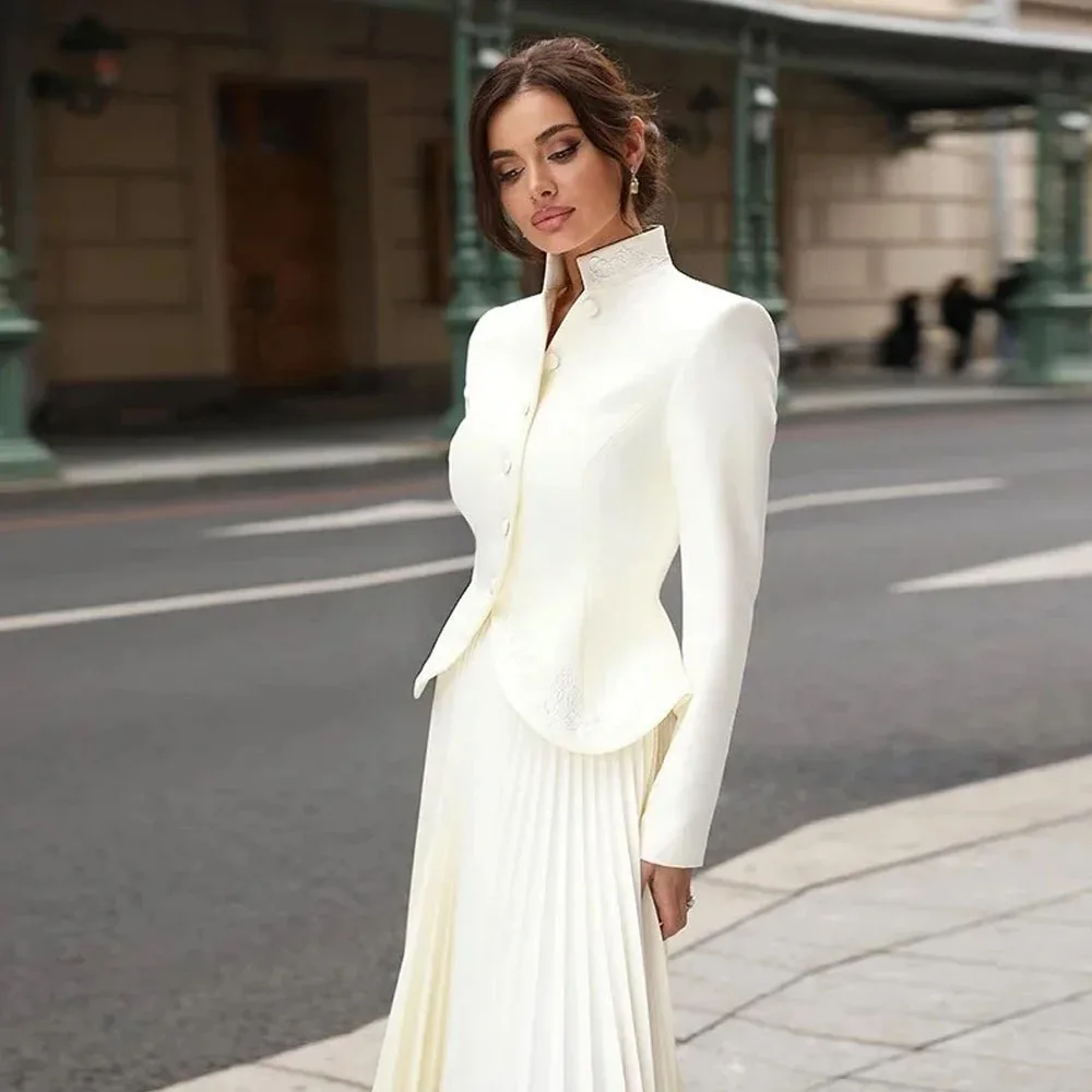 MOBEYE 2024 Button Long Sleeve Jacket Ball Gown Pleated A Line 2 Piece Noble Crepe Evening Gown Formal Wedding Dress