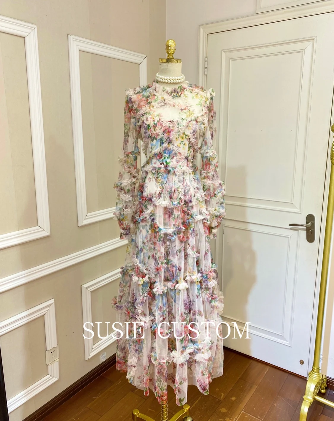 2023 New Spring Elegant Floral Print Mesh Ruffles Cascading Long Maxi Wedding Evening Party Dresses Women Princess Prom Gown