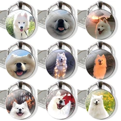 Keychain Handmade Glass Cabochon Key Ring Holder Pendant Key Chains lovely Samoyed cute Dog