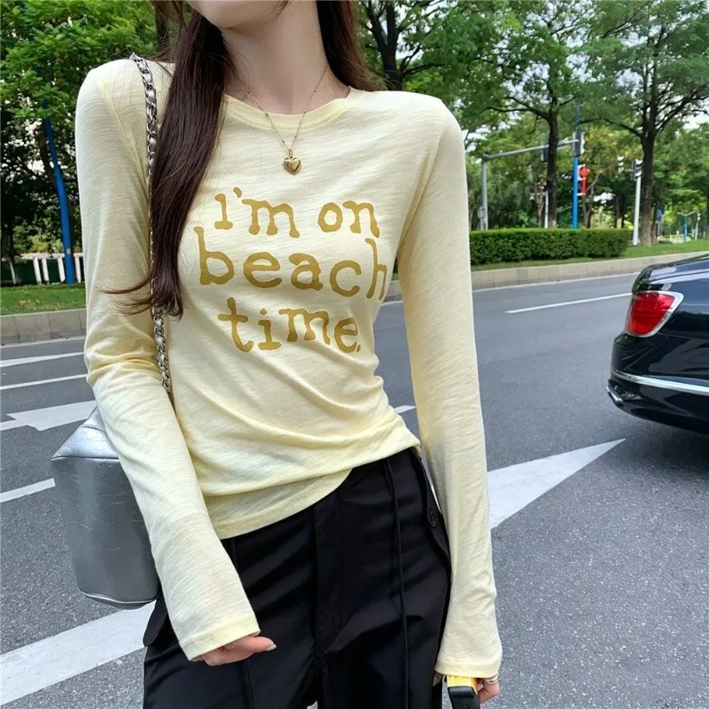 Women's American Style Letter Print T Shirt Summer Thin Cool Slim Fit Long Sleeve Y2k Casual Tops