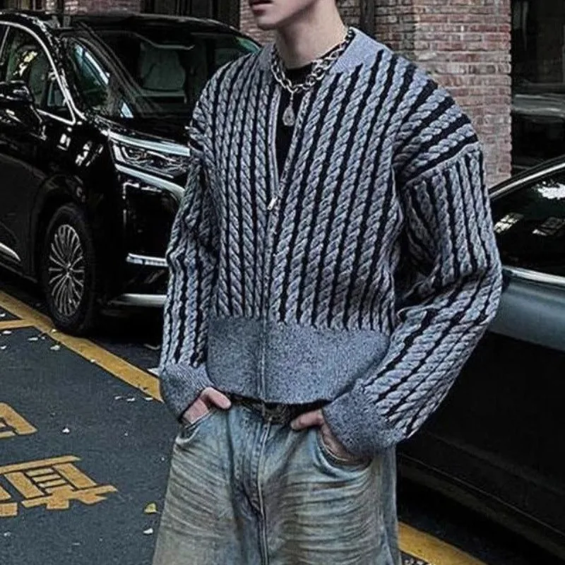 American Retro Color Contrast Vertical Twist Pattern Cardigan Men's Casual Zipper Sweater Coats Versatile High Street Knitwear