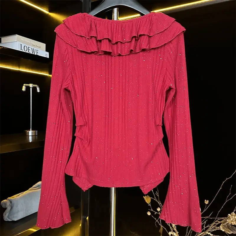 French Lotus Leaf Design Slim Long Sleeves Versatile 2025 Autumn Slim New Top Slit Slim Base Shirt for Women