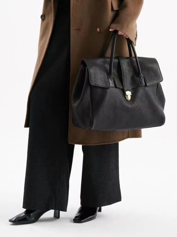 

Dark Brown Leather Tote Bag Women's Minimalist Commute Style Metal Lock Large Capacity Handbag Fashion Daily Shoulder Purse