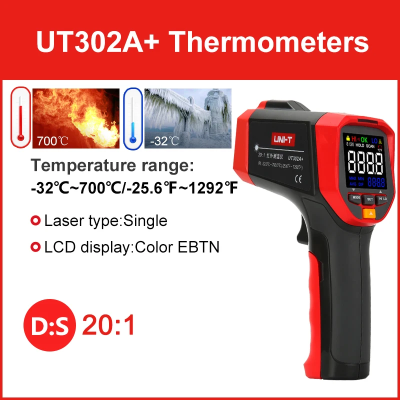 UNI-T Contactloze infrarood laserthermometer HD-kleurenscherm Industriële temperatuurmeting UT301A+ UT301C+ IR-pistool UT303C+