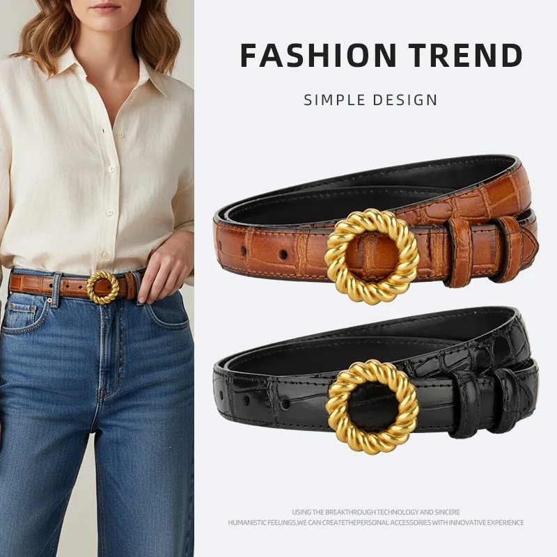 Elegant Embossed Crocodile Grain Ladies Belt Fashion Metal Buckle Casual Matching Belt