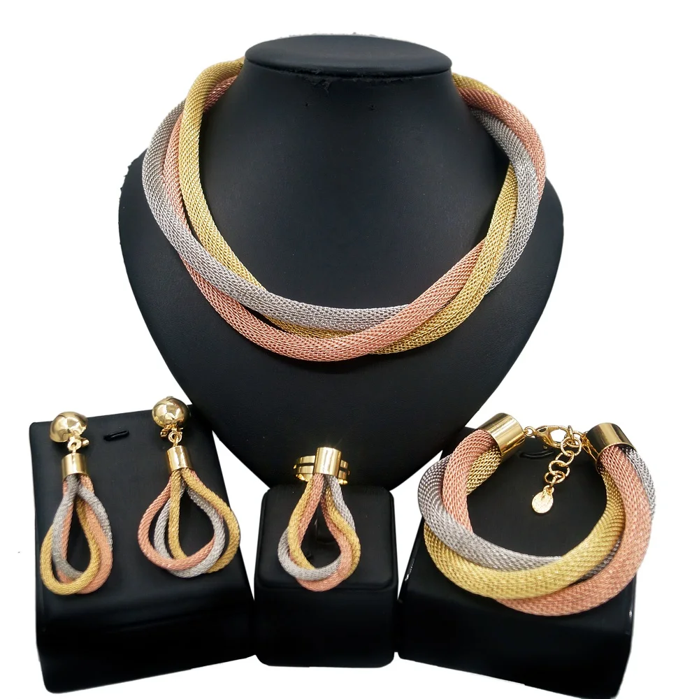 Fashion Dubai 18K Gold Plated Women's Necklace Jewelry Set Simple Wrapping Necklace Piercing Earrings Free Shipping SYHOL