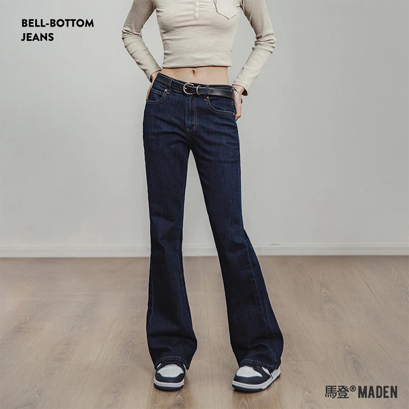 

Женские винтажные расклешенные джинсы Maden, 11 унций, слегка эластичные узкие джинсы на молнии с застежкой-молнией для повседневной повседневной одежды, брюки