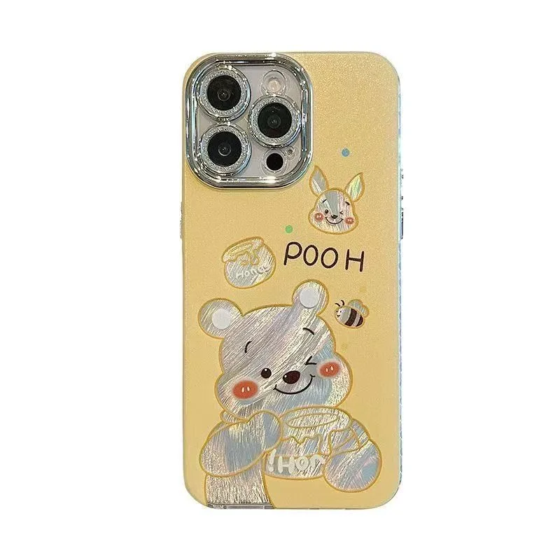 くまのプーさんのかわいいスマホケース iPhone16pro/16ProMax/15/15Pro用 レンズフィルム付き 高級感
