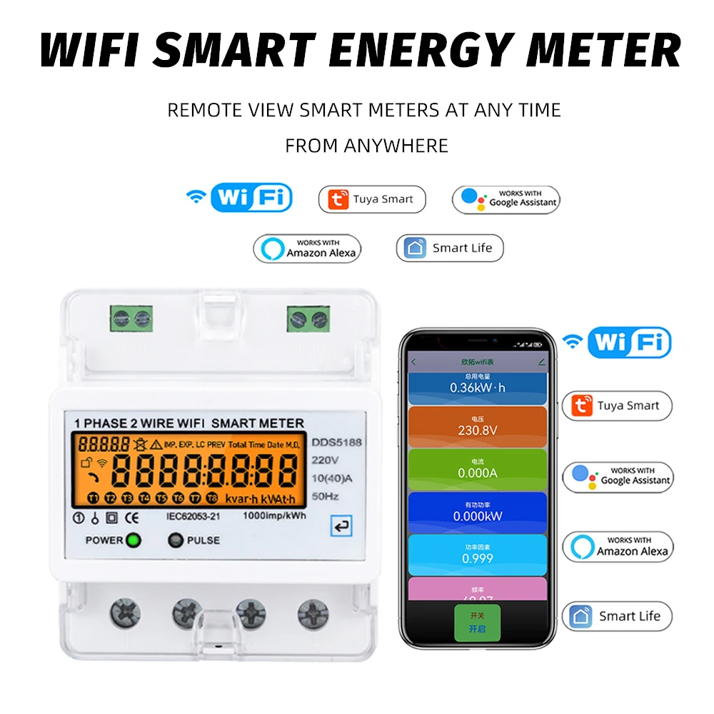 Wifi Smart DIN Rail Meter Digital Electric Consumption kWh Smart Energy Meter kwh Meter Smartlife Tuya 220V 10(40)A