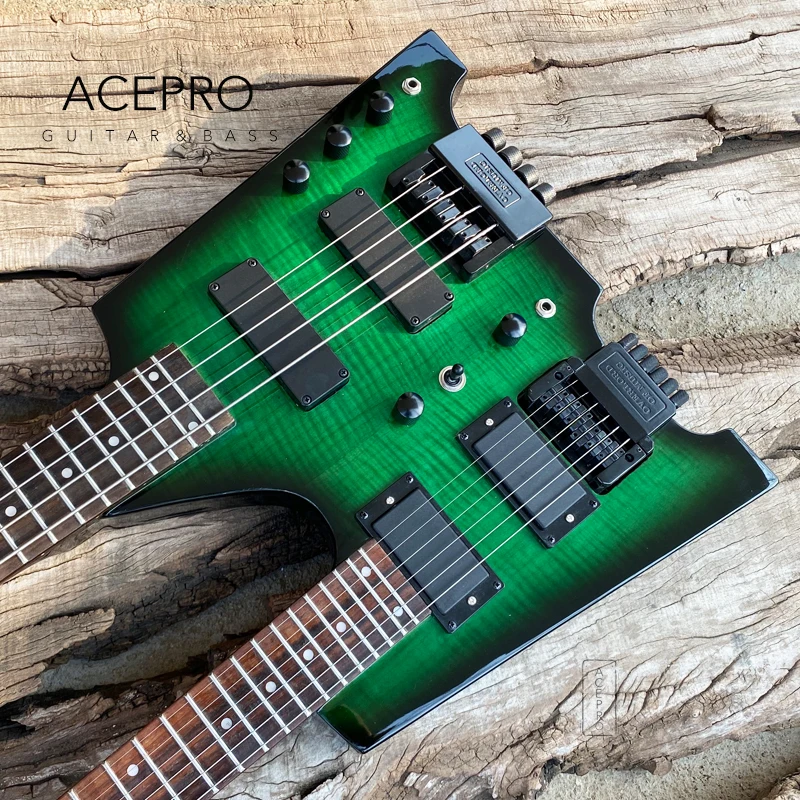 Double Neck Headless Electric Guitar Green Burst Flame Maple Top, Tremolo Bridge 6 String Guitarra+4 String Bass Combo