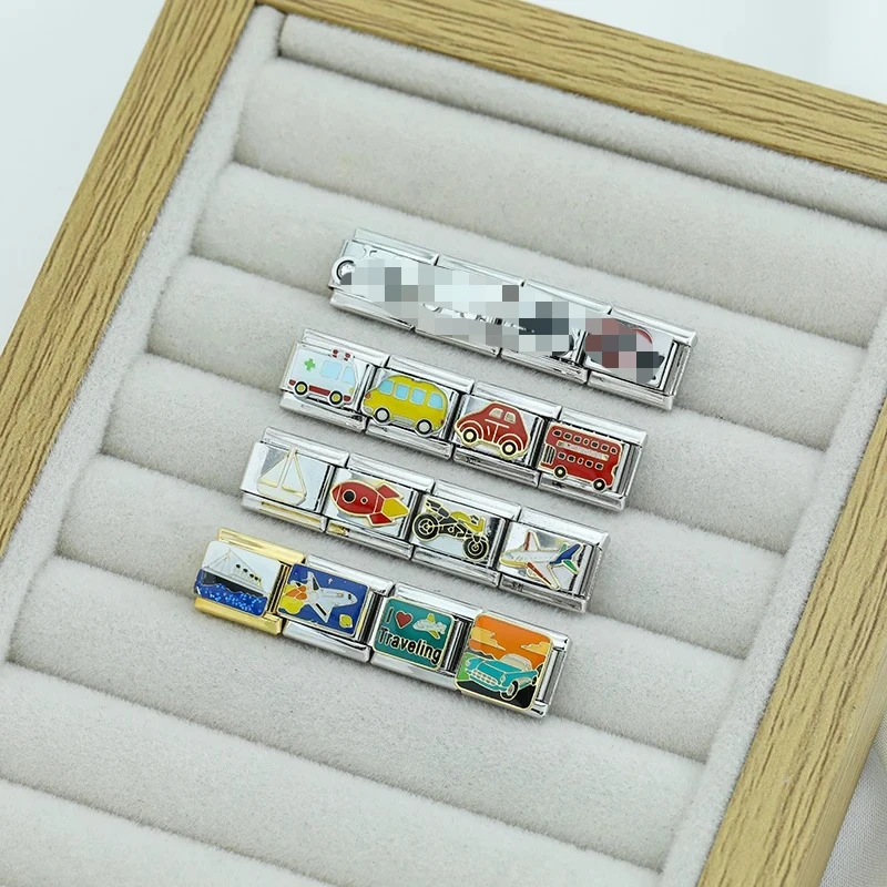 Hapiship 2024 Women Fashion Travel Airplane Car Ship Charms Italian Links Fit 9mm Stainless Steel Bracelet Making Jewelry ZH027