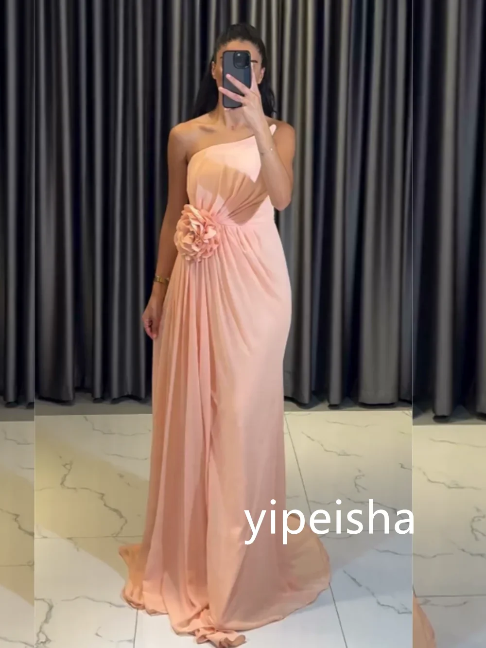 Customized Sizes Available Chiffon Flower A-line One-shoulder Long Dresses Homecoming Dresses Classic Exquisite Modern Style Pas