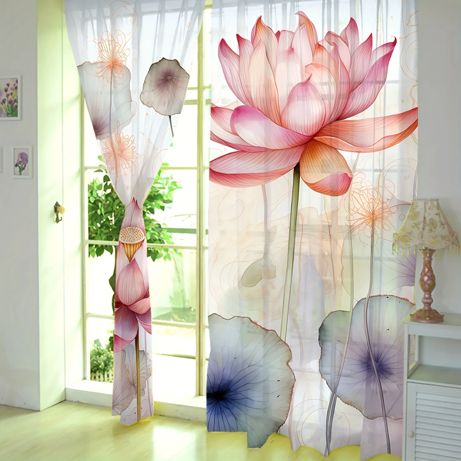 2PCS Lotus Sheer Curtains Modern Light Filtering Polyester Rod Pocket for Bedroom Living Room Kitchen Café Balcony Garden