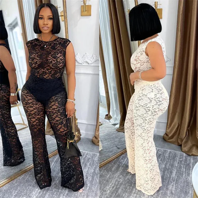 Floral Lace See Through Clubbing Outfits Sexy Woman 2 Piece Set Sleeveless Top and Flare Pants Night Party Rave Matching Sets