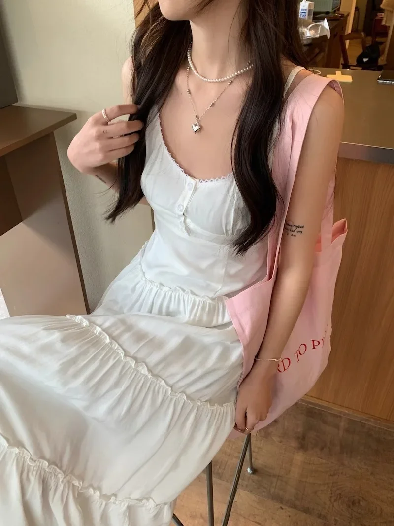 ฤดูร้อนผู้หญิงสีชมพู Ruffle ชุดยาวเกาหลีฝรั่งเศส Fairy Elegant Chic ชุดราตรีแขนกุด SLIM FIT หวาน Camis ชุด Плае