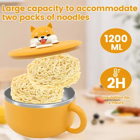 1200ml Ramen Skål Rostfritt Stål Nudelskål med Lock Värmebeständig Snabbnudelskålar Spis Porcelæn Kökstillbehör 10 best sales skål i rostfritt stål med lock - №4