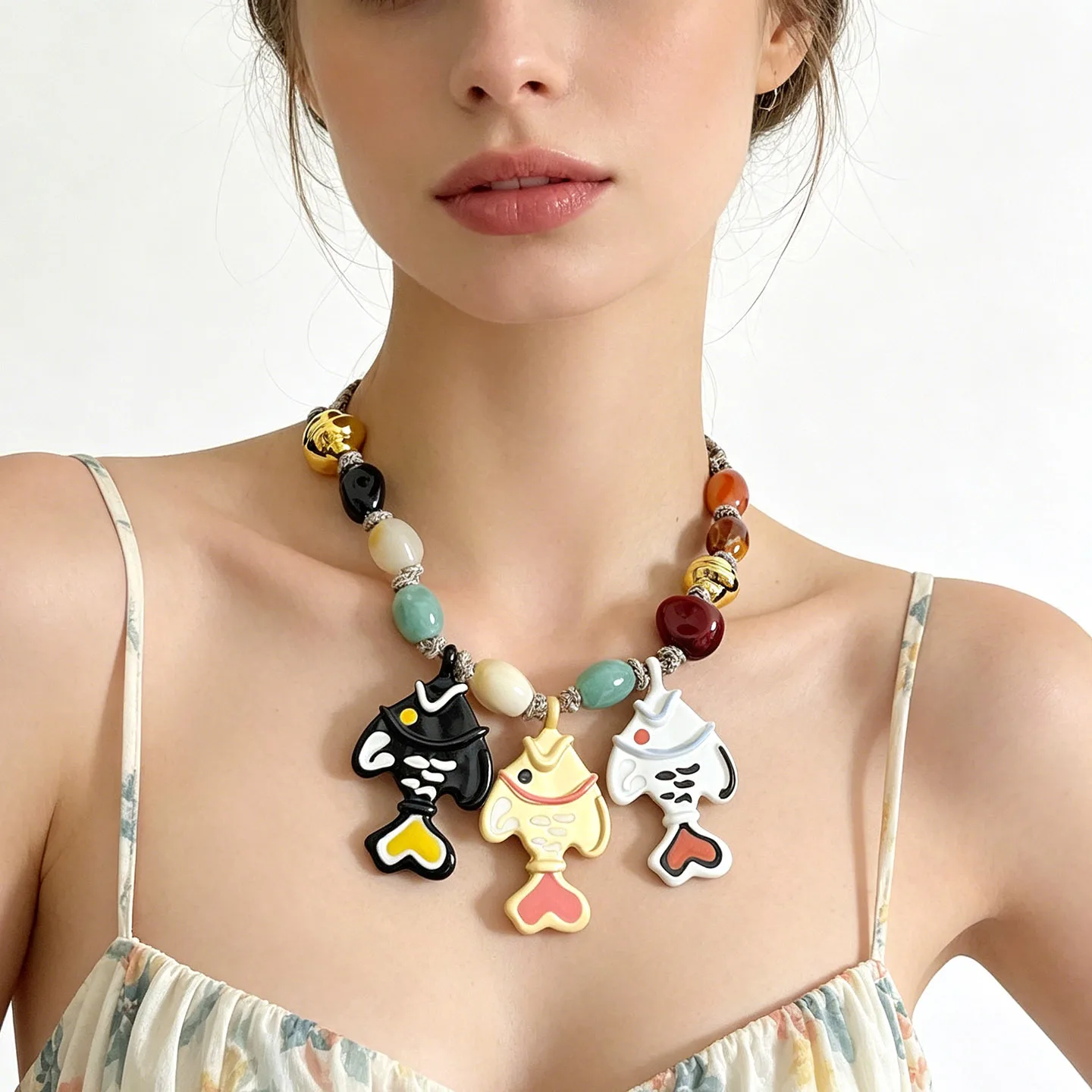 Spanish niche retro contrasting color koi small fish colored stone beaded necklace niche literary holiday style short neck chain