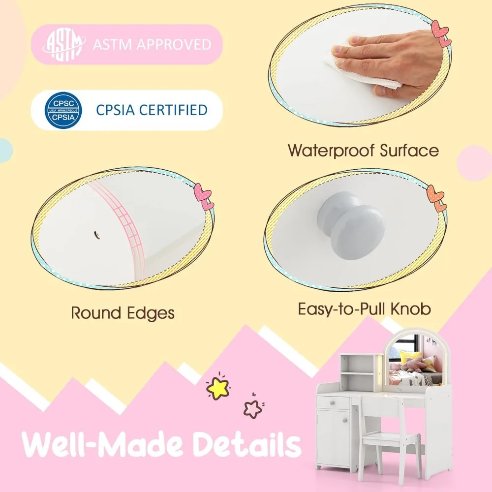 Meja rias anak-anak dengan lampu, Set meja & kursi Makeup Putri 2 in 1 dengan kaca menyala, Laci, rak penyimpanan dan kabinet