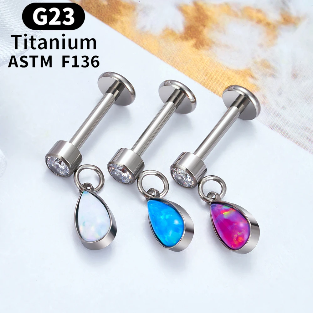 

ASTM F136 G23 Titanium Piercing Ear Cartilage Tragus Helix Daith Water Drop Opal Stud Earrings 16G Labret Lip Ring Body Jewelry