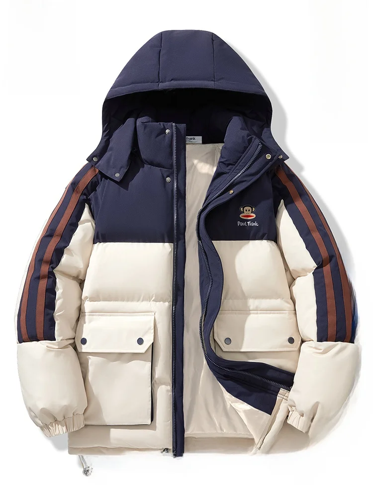 

PaulFrank Large-Mouth Monkey Retro Striped Color Blo Hooded Cotton Jaet Loose Warm Workwear Coat Men's Sle Winter Outer...