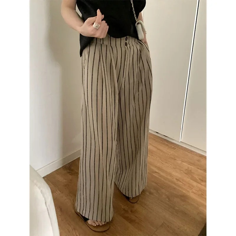 2024 Spring and Summer New Cotton and Linen Striped Casual Pants for Women Slim and Wide Leg Straight Leg Pants