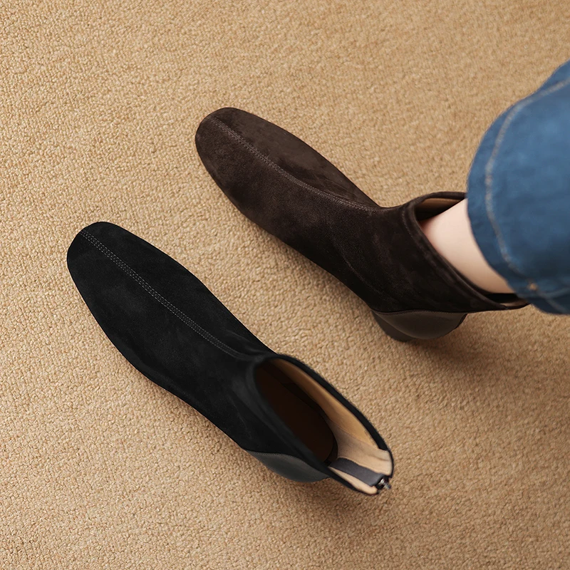 2026 new autumn winter women ankle boots natural leather 22-25cm kid suedecowhide round toe thick heel back zip short boots