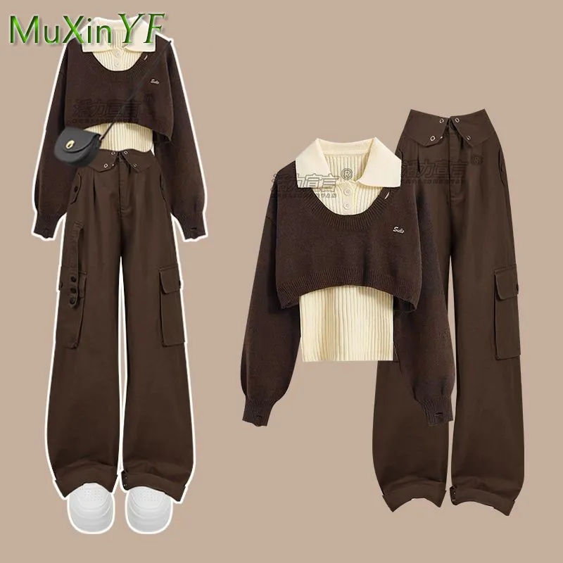 Women Autumn/Winter New In Matching Set 2024 Korean Elegant Knit Sweater+Bottom Shirt+Cargo Pants 3-Piece Female Tracksuit Suit