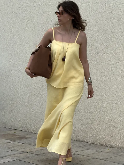 Bornladies 2026 Spring Summer New Cotton Women's Cami Skirt Set Elegant Lazy Cami Mermaid Maxi Skirt Two-Piece Outfit