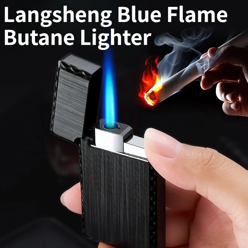 

NEW Langsheng Steel Sound Direct Charge Butane Lighter Blue Flame Windproof Intense Fire Lighter Cigarette Accessories