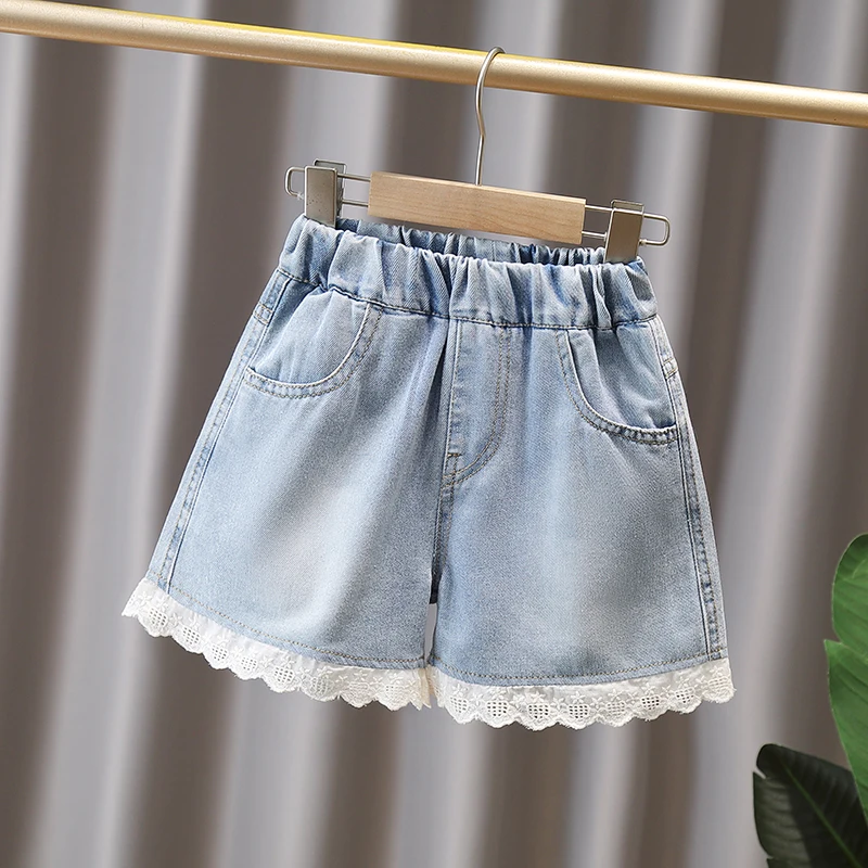 

Детские летние повседневные тонкие джинсовые шорты с кружевной отделкой, широкие брюки свободного кроя, синие, модные летние шорты для девочек