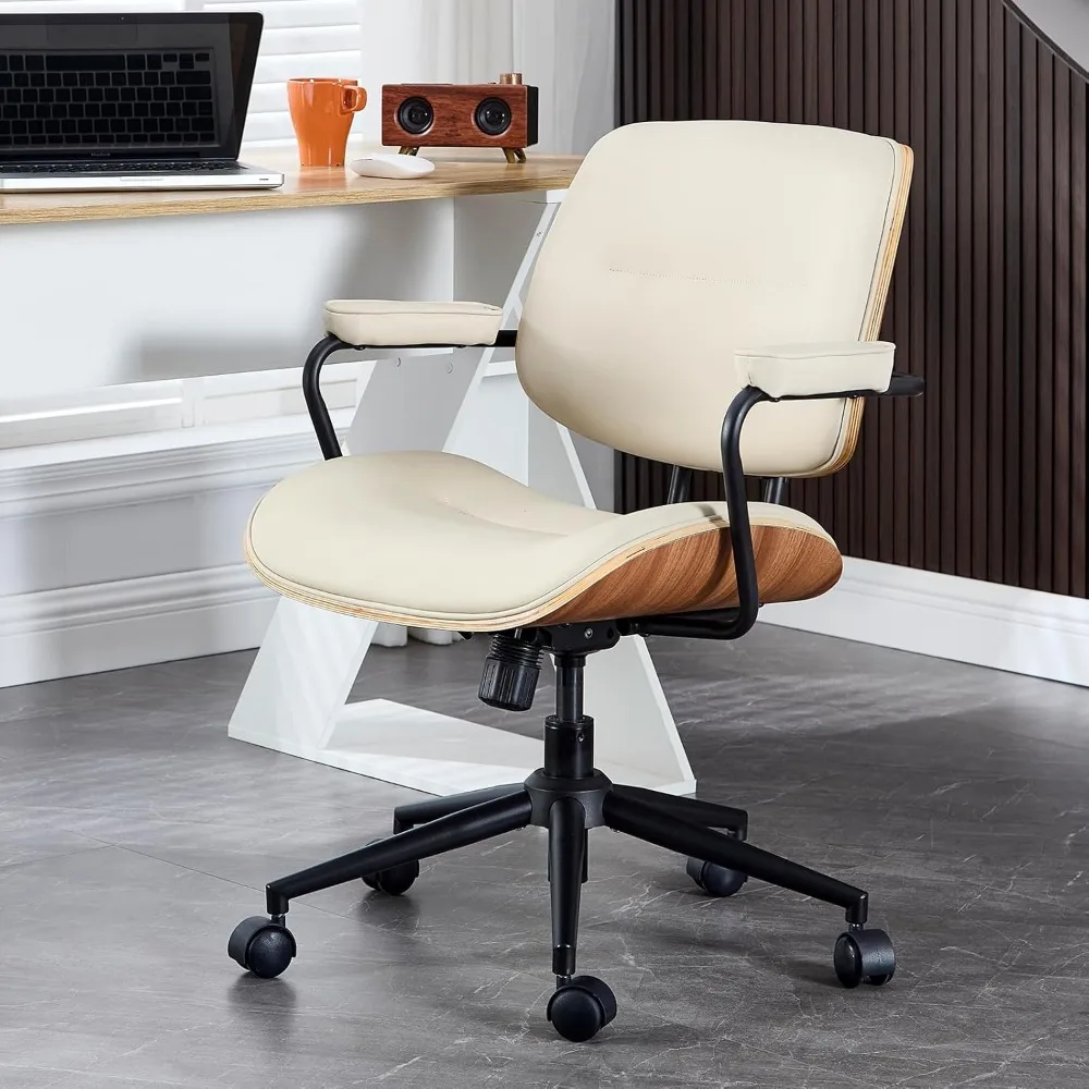 

BV Mid Century Modern Office Chair Set of 1, Swivel Rolling Deak Chair with Armrests and Walnut Back, Adjustable Desk Chair
