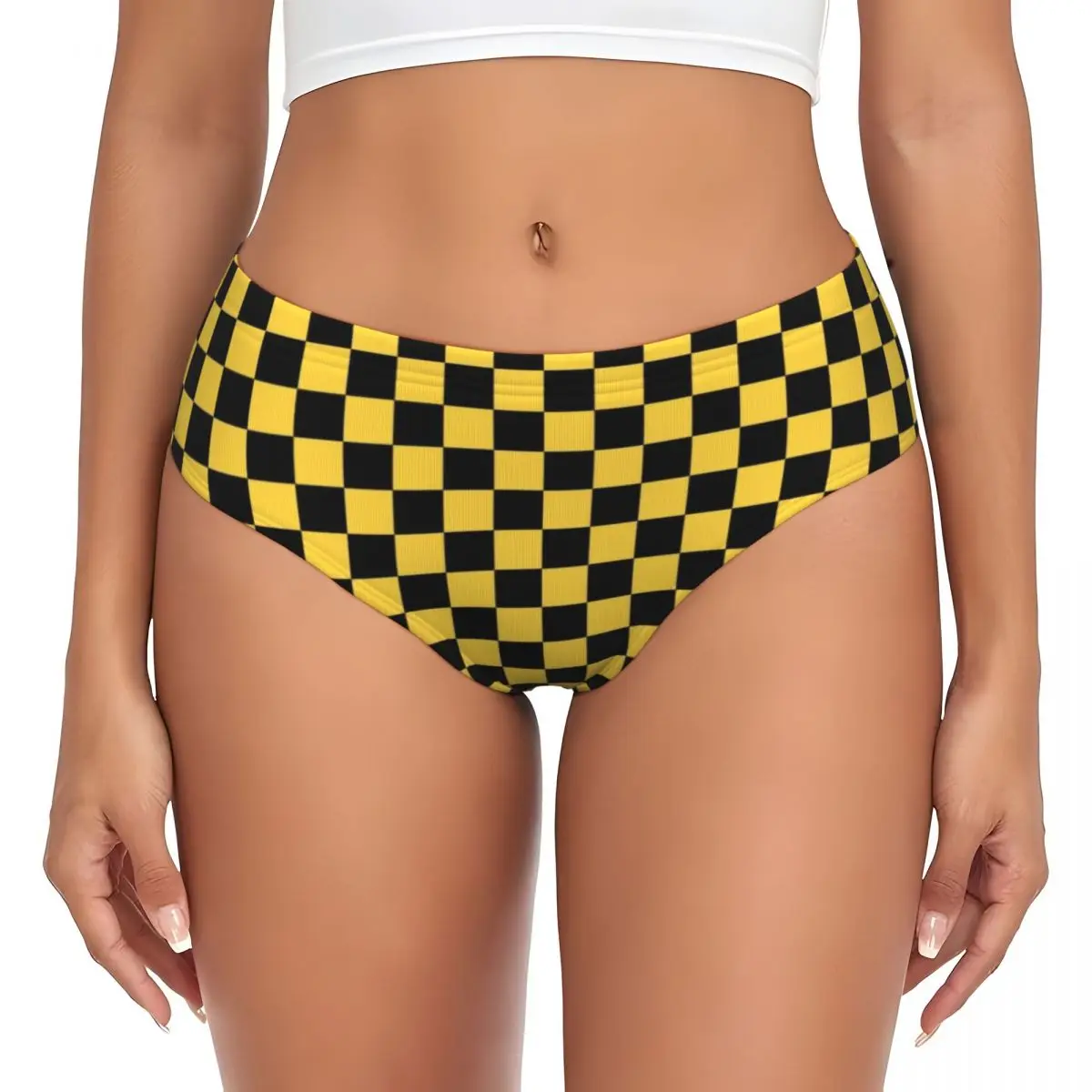 Custom Checkerboard Pattern Yellow And Black Brief Panties Womens Comfort Underwear Valentine's Day Gift Underpants