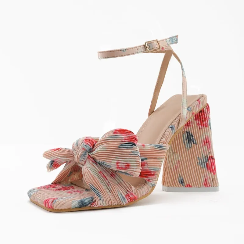 Foreign trade women's shoes, sandals, high heels, thick heels, bow ties, silk, retro style, fairy-like shoes, vintage trend