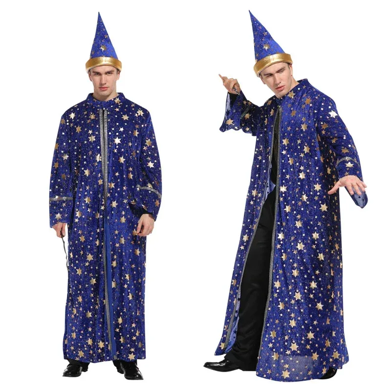 

Adult Halloween Men Blue Robe and Hat Star Moon Magic Magician Wizard Costume Cosplay Role Playing Decoration Clothing