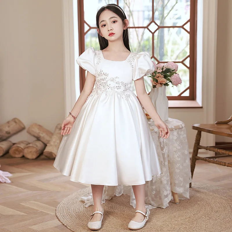 Vestido de princesa infantil branco, menina de flores, piano da menina performance traje